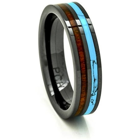 Mens Womens Koa Wood Wedding Band with Turquoise 6mm Flat Top Black Ceramic Size 6 to 15 (14)