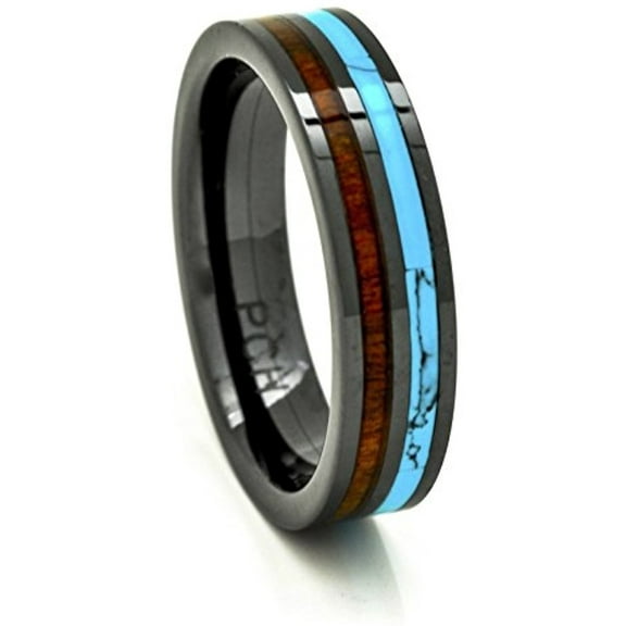 Mens Womens Koa Wood Wedding Band with Turquoise 6mm Flat Top Black Ceramic Size 6 to 15 (14)