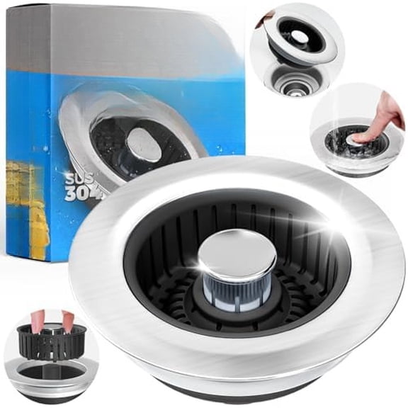 Sink Drain Strainer - 3 in 1 Kitchen Sink Stopper, Stainless Steel Kitchen Drain Plug & Cover with Anti-Clogging Basket Strainer, Fit US Standard 3-1/2'' Sink Drain Hole, Brushed Black