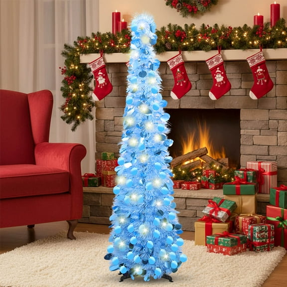 5ft Collapsible Blue Pencil Christmas Tree - Tinsel Pop Up Artificial Christmas Tree with Shimmering Ornaments Indoor Outdoor Party Decor