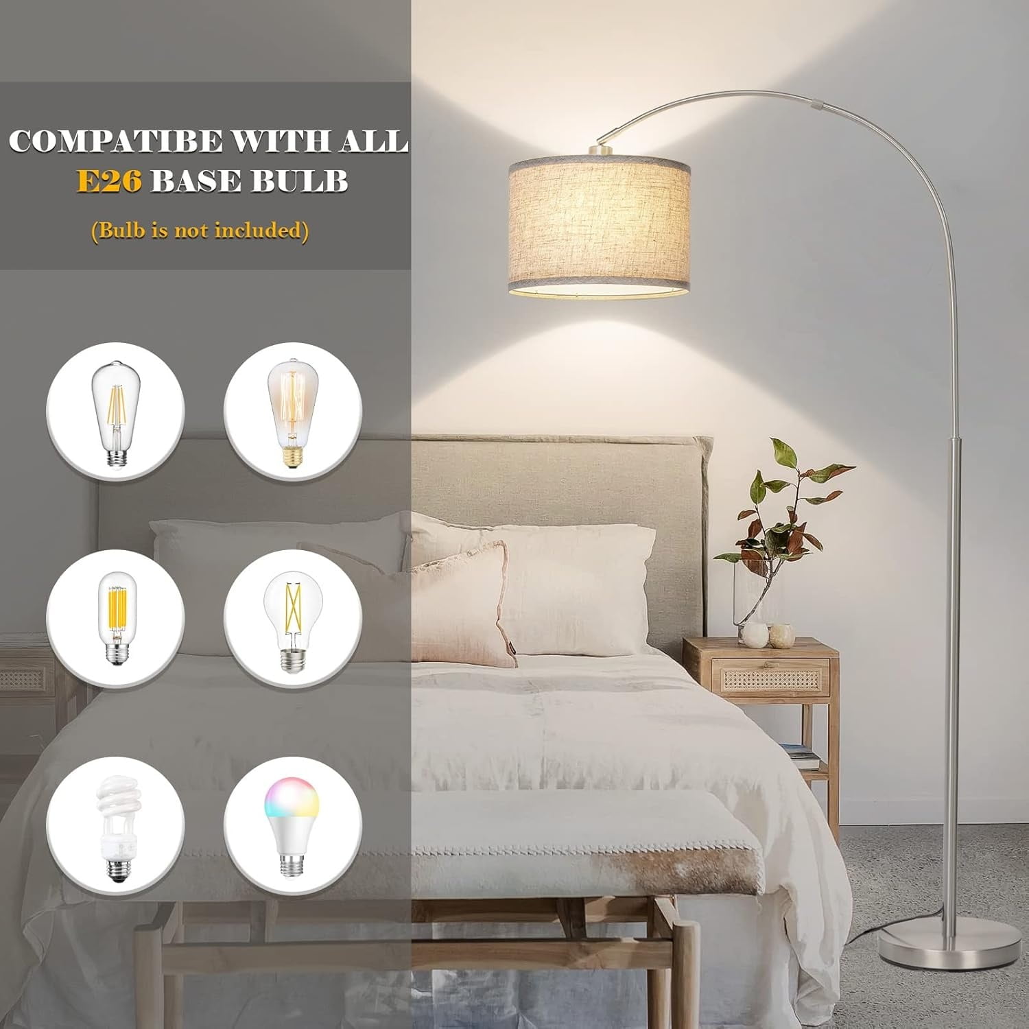 Modern Floor Lamp for Living Room with Adjustable Head, Tall Pole Lamp with On/Off Pedal Switch, Over Couch Tall Standing Light for Reading, Bedroom, Office (Silver)