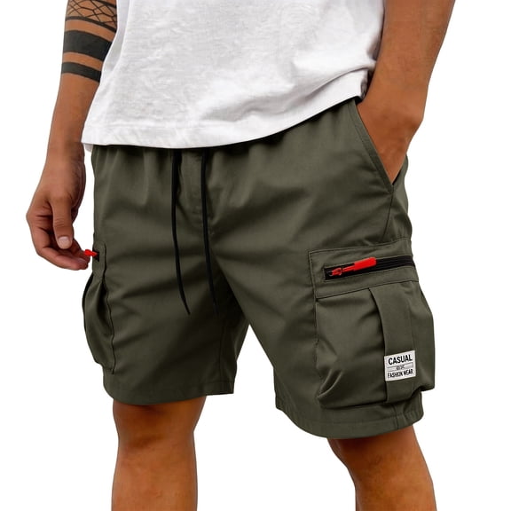 Domzle Men's Casual Cargo Shorts Drawstring Elastic Waist Shorts Summer Cotton Chino Work Shorts with Zipper Pockets Dark Green XL