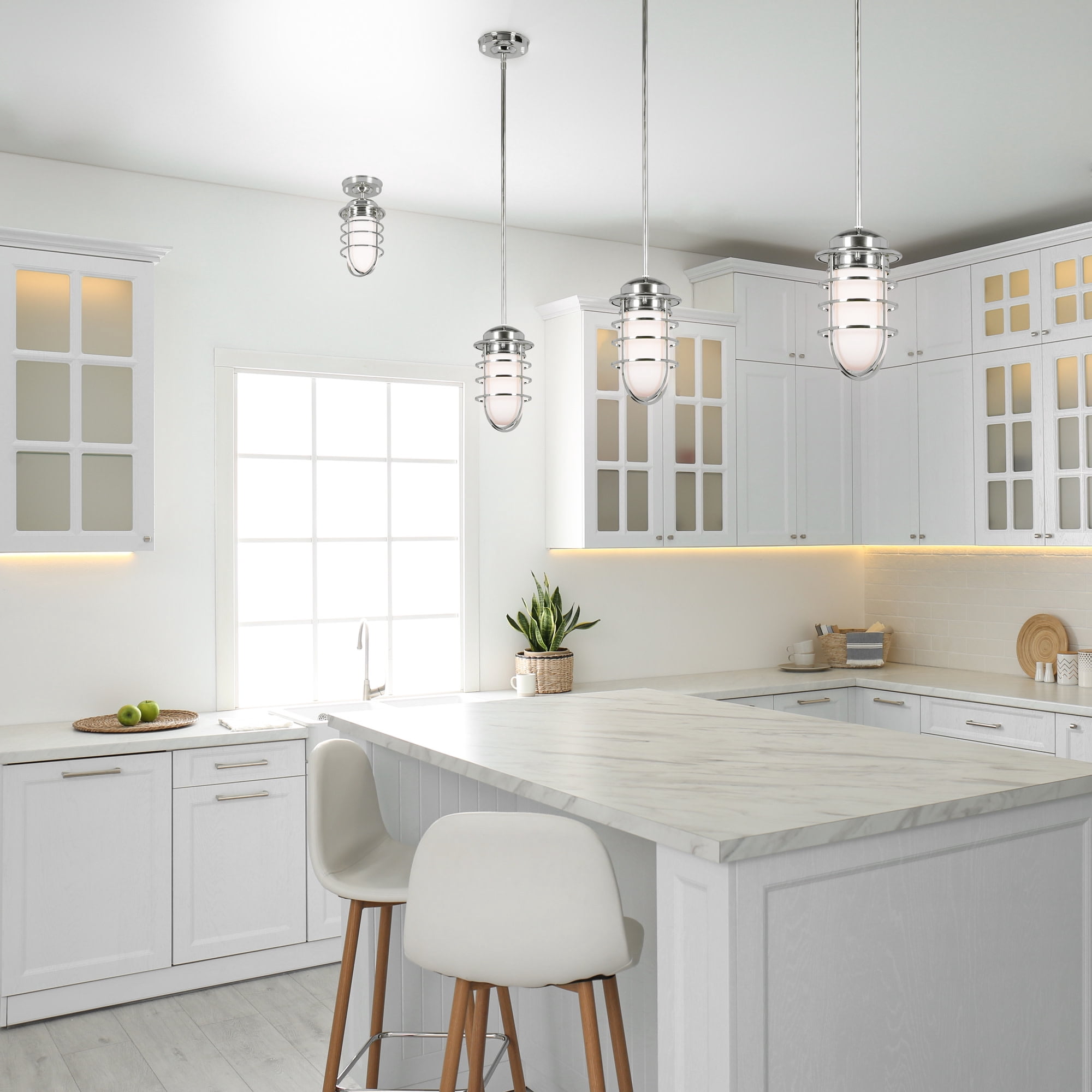 Polished Chrome Seaton 1-Light Dimmable Pendant with Removable Wire Cage and Frosted Glass, Sloped Ceiling Compatible