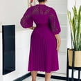 thumbnail image 2 of AURA Womens Elegant Lace Hollow Out Pleated Midi Dress High Waist Belted 3 4 Lantern Sleeve, 2 of 10