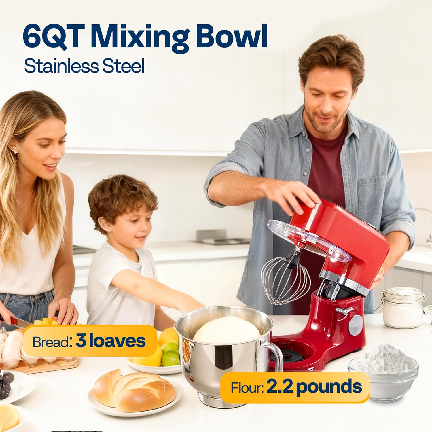 SPECSTAR Stand Mixer with Fermentation, One-Touch Presets Electric Dough Mixer with 6 Qt Bowl, Kitchen Standing Mixer for Baking, Cake with Flex Edge Beater, Bread Hook, Whisk, Red