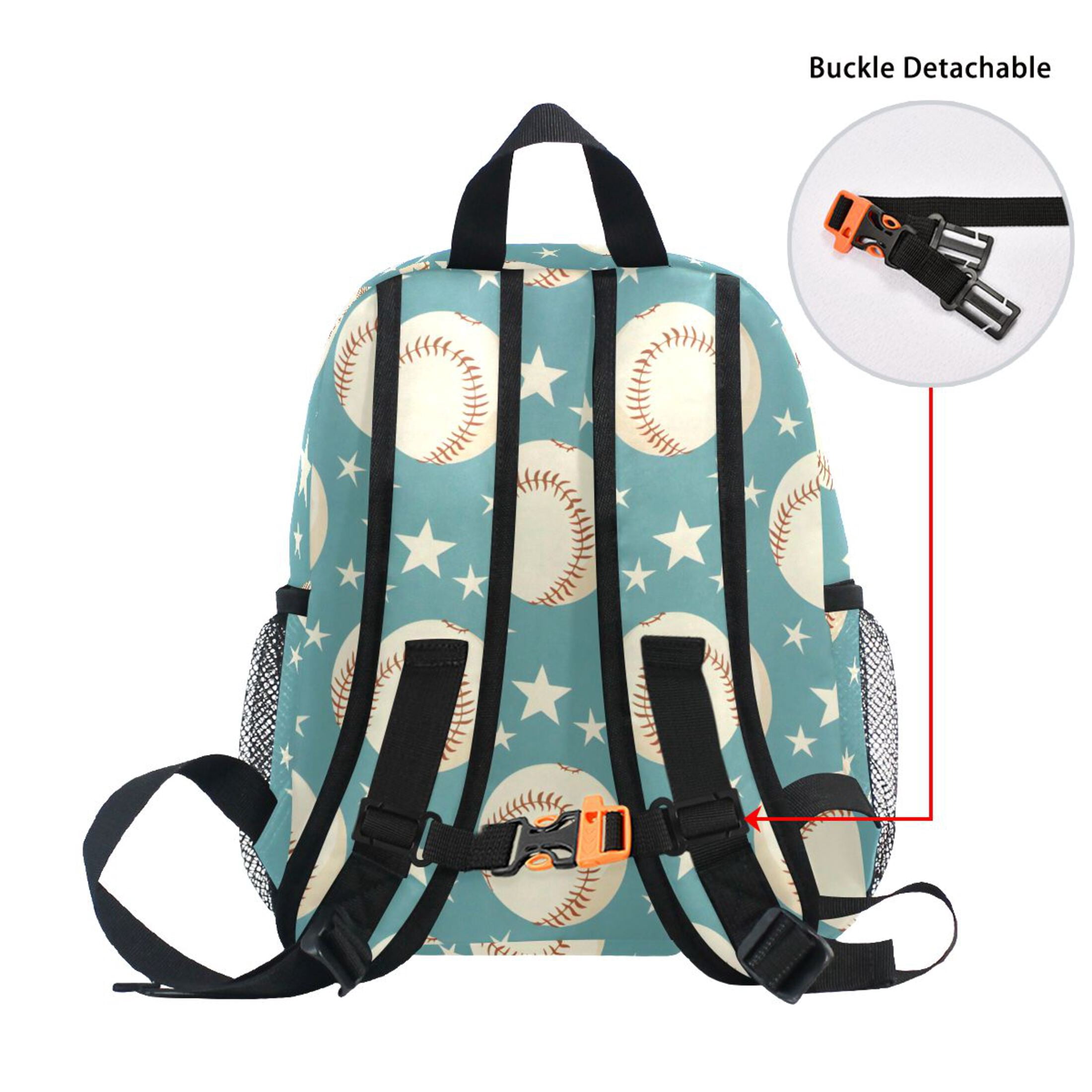 Turquoise Stars Baseball Pattern Mini Backpack Cute Small Backpack with Chest Strap and Whistle Ages 3-8