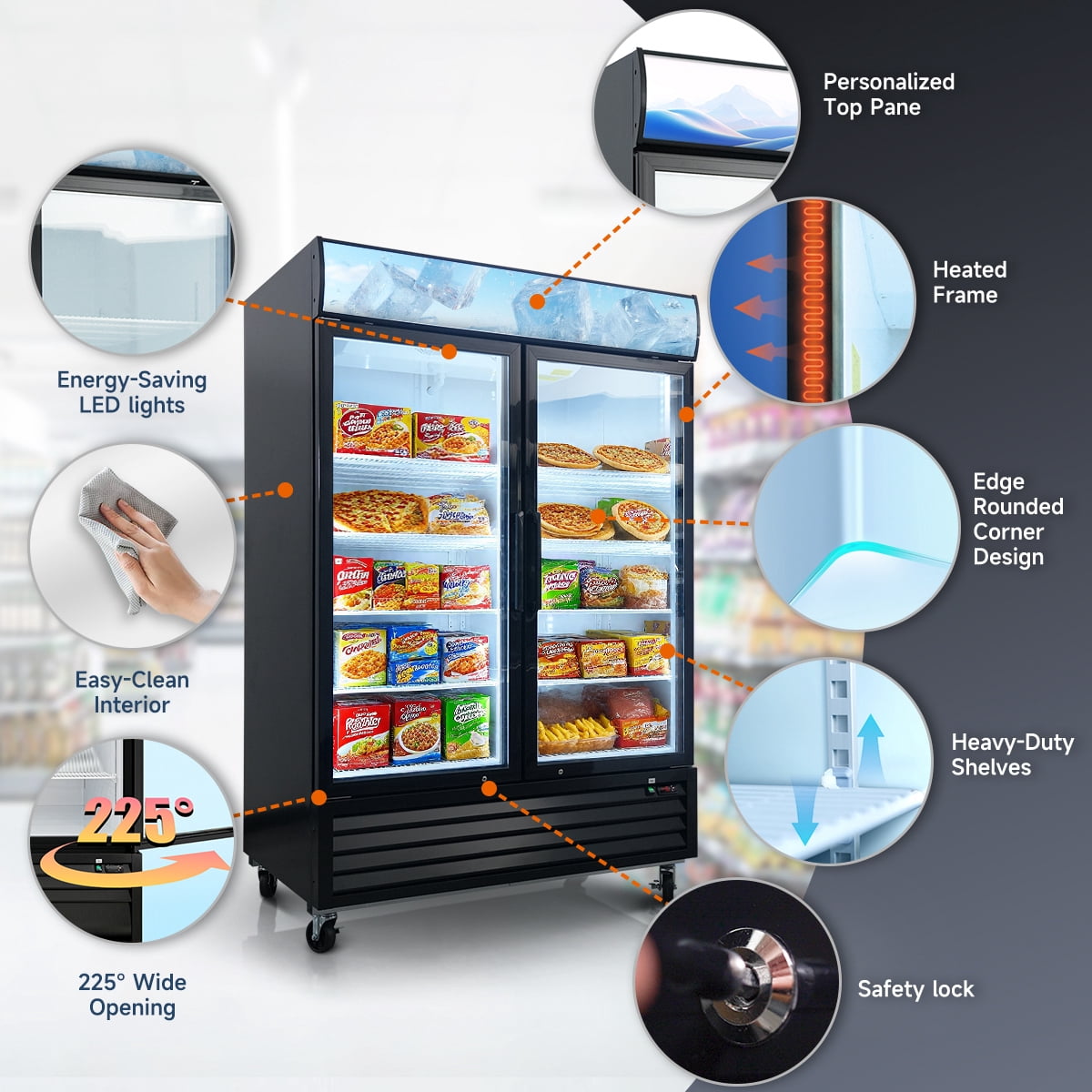 Glass Door Merchandiser Freezer 44.7 Cu.ft Swing Door Commercial Reach-In Display Freezers with LED Top Panel Upright Freeze Storage