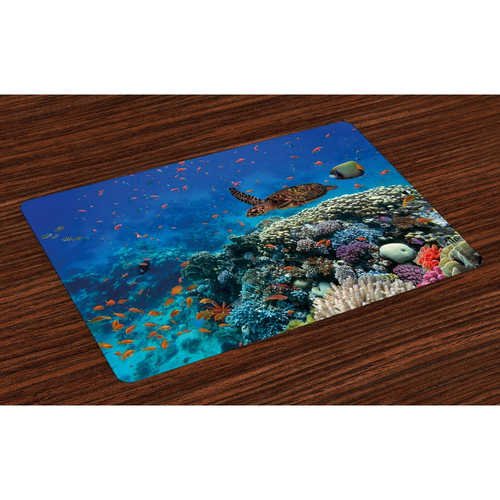Fish Placemats Set of 4 Exotic Fish and Turtle in Fresh Water on Stony ...