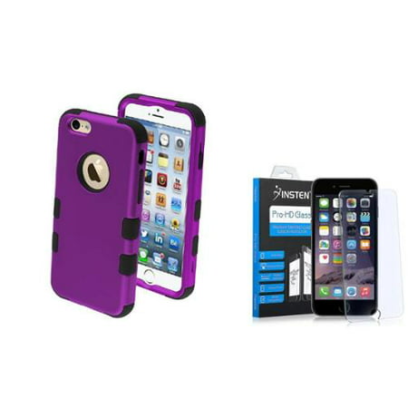 Insten Hybrid 3-Layer Protective Hard PC Outer/Silicone Inner Case for iPhone 6 6s - Purple/Black (+ Tempered Glass Screen