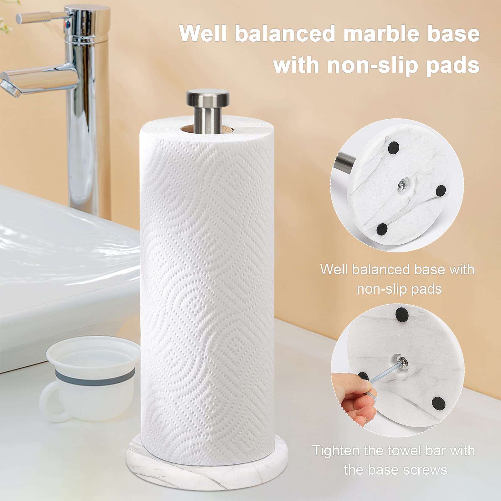Standing Paper Towel Holder  Kitchen Tissue Holder- For Bathroom Countertop Standard Or Jumbo-sized Roll (with Marble Base Brushed Nickel)