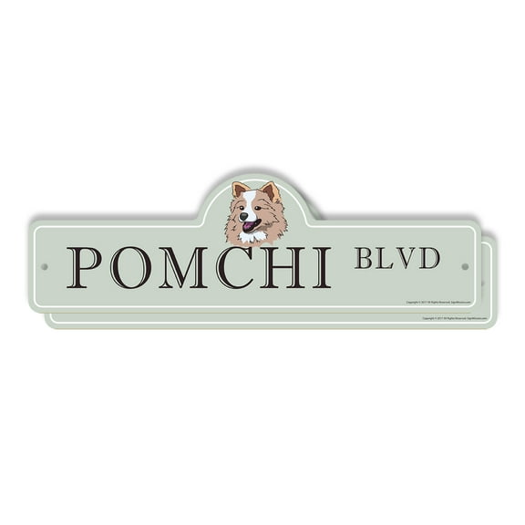 Pomchi (2 Pack) Plastic Street Sign - 6 Inch X 18 Inch Gift Dog Breed Pet Cute Small Animal Loyal Family Decor House Playful Fun