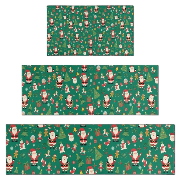 Green Christmas Santa and Icon Pattern Kitchen Rugs Sets Of 3,Kitchen Runner Rugs Non Skid Washable,Decorative Kitchen Floor Mats for Kitchen,Sink,Laundry,17"x30" 17"x47" 17"x59"