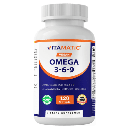 Vitamatic Vegan Omega 3-6-9 Complex 1250mg | Flaxseed, Olive, Borage & Algae Oils | Plant-Based Omegas | 120 Softgels