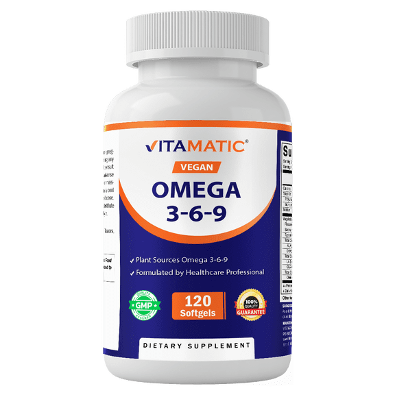 Vitamatic Vegan Omega 3-6-9 Complex 1250mg | Flaxseed, Olive, Borage & Algae Oils | Plant-Based Omegas | 120 Softgels