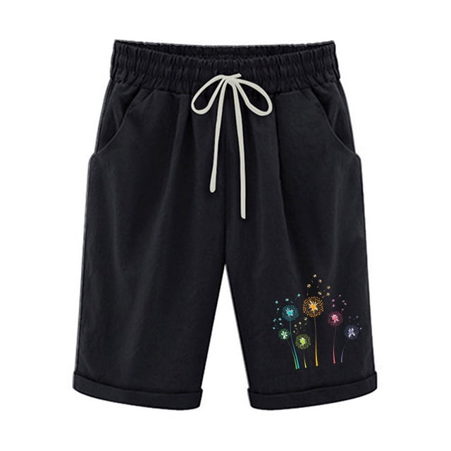 ameIAEA Knee Length Shorts for Women Wide Leg Drawstring Shorts Elastic Waist Print Shorts with Pockets