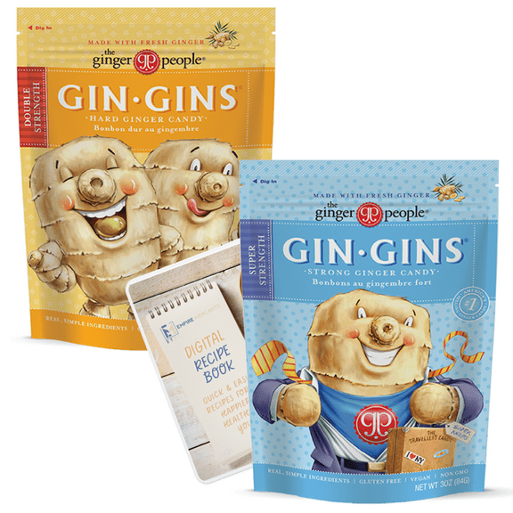 Gin Gins Ginger Candy Variety Pack of 2 Bundle - 1 of each flavor (Gin Gins Super Strength Ginger Candy, Gin Gins Double Strength Hard Ginger Candy) Organic, Vegan, Gluten Free Ginger Chews Candy