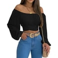 thumbnail image 3 of MIRACMODA Mujer Fuera del Hombro Fruncido Lazo Espalda Crop Top Verano Linterna Manga Boho Camisa Blusa, 3 of 5