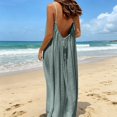 thumbnail image 4 of Summer Dress for Women Casual Sleeveless Backless Pleats Spaghetti Strap Dress Openwork Print Beach Vacation Dress(Army Green,S), 4 of 8