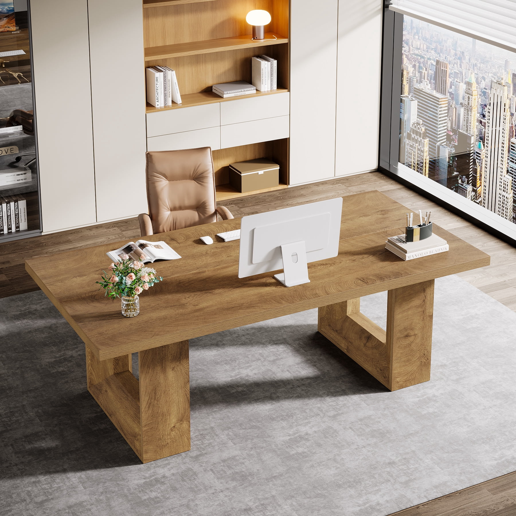 Finmind Large Executive Desk, 62.99-inch Home Office Desk, Rectangular Computer Table for Home Office, Study Room, Brown