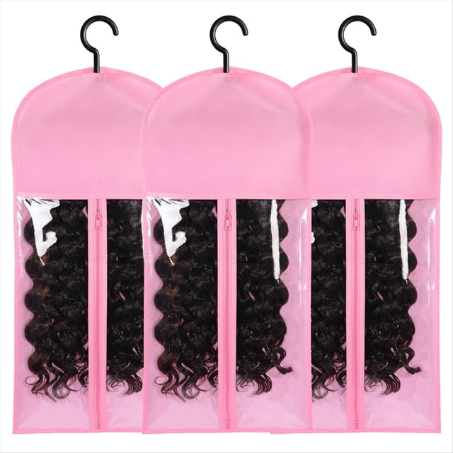3 Piezas Soporte para Extensiones Cabello Almacenamiento Pelucas Múltiples Soportes Bolsas con Colgador Rosa