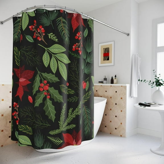 Festive Botanical Shower Curtain, Holiday Decor, Christmas Bathroom Accessory, Winter Home Decoration, Plant Print Shower Curtain Vintage Winter Bathroom Decor