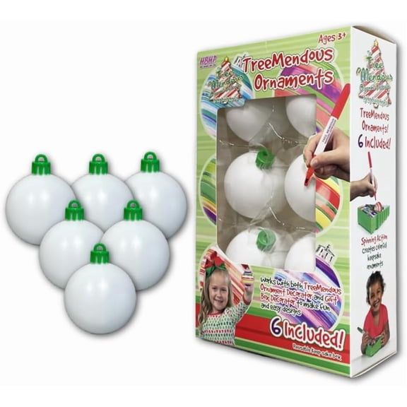 Treemendous Ornament Decorator Christmas Decorating 6 Count Refill Kit - White Ball Ornaments Compatible with Treemendous Tree and Gift Box Ornament Decorators, Ages 3 and Up
