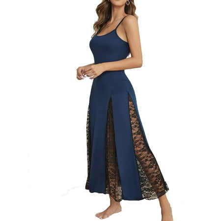 

Womens Nightgowns Sleepdress Plain Contrast Lace Sleepshirts Navy Blue L