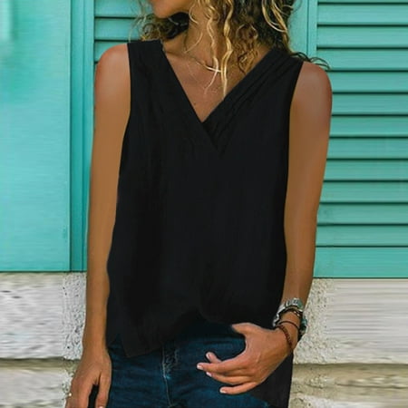 

dmqupv Loose Top Women Womens Lmitation Linen Tops Shirt Ladies V Neck Loose Sleeveless Blouse Tee Vest Camisole with Bra Women Vest Black 5X-Large