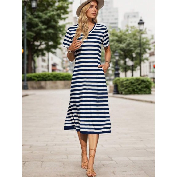 Navy And White Striped Short Sleeve Midi Dress With Side Slit Casual Womens Dress