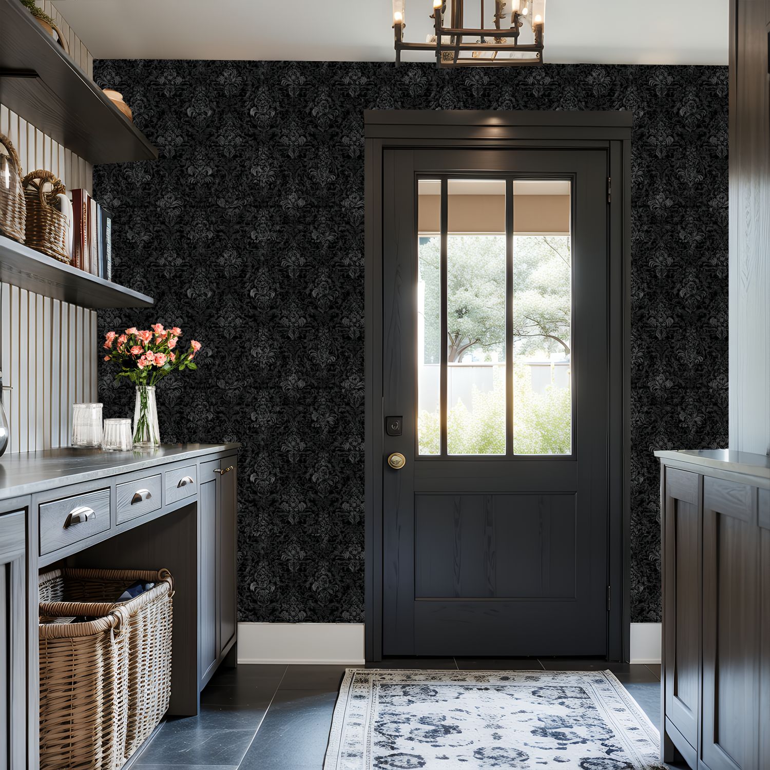 Vintage Peel and Stick Wallpaper 17.7in x 9.8ft Elegant Black Damask Ornate Floral Design Contact Paper Vinyl Waterproof Self Adhesive Wall Paper for Bedroom Shelf Cabinet Renter Friendly