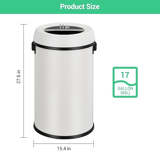 Basics Round Stainless Steel Trash Can with Open Swing lid, Large Kitchen Round Can - 65 Litre/ 17.2 Gallon, Silver, Black,White