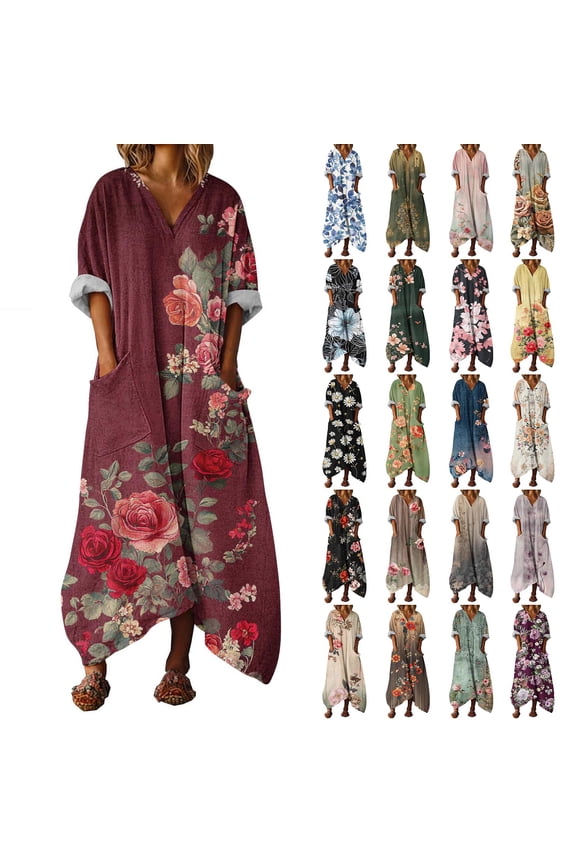 Casual Maxi Dress Women's Loose Asymmetric Hem Long Dress Soft Comfy Daily Wear Vacation Dresses Plus Size 3/4 Sleeve Pocket Sundress