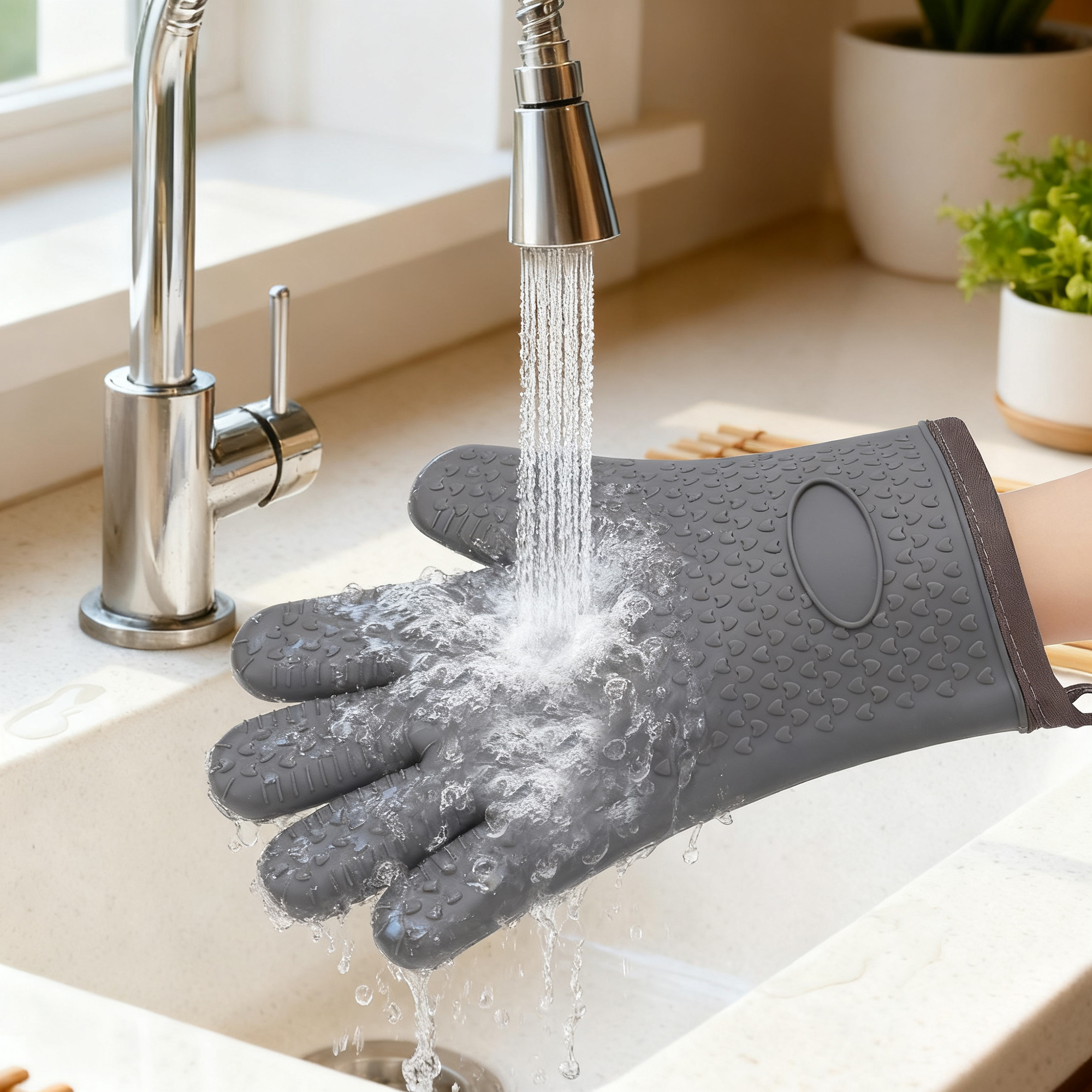 Unique Bargains 2pcs Silicone Heat-Resistant and Waterproof Oven Mitts Gray 10.8" x 8.1"