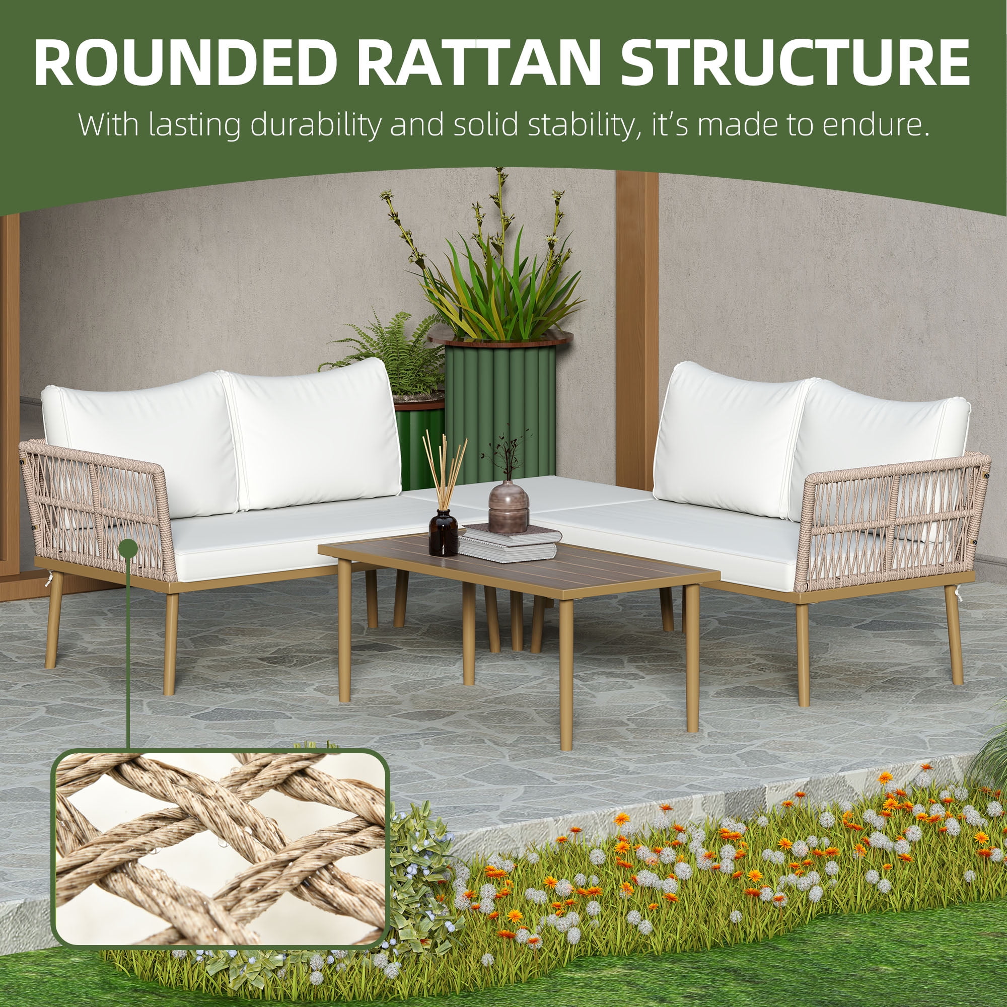 Uforic 4-Piece Outdoor Woven Rope Sectional Sofa Set Patio Furniture Conversation Set, Patio Loveseat with Ottoman and Side Table - Beige