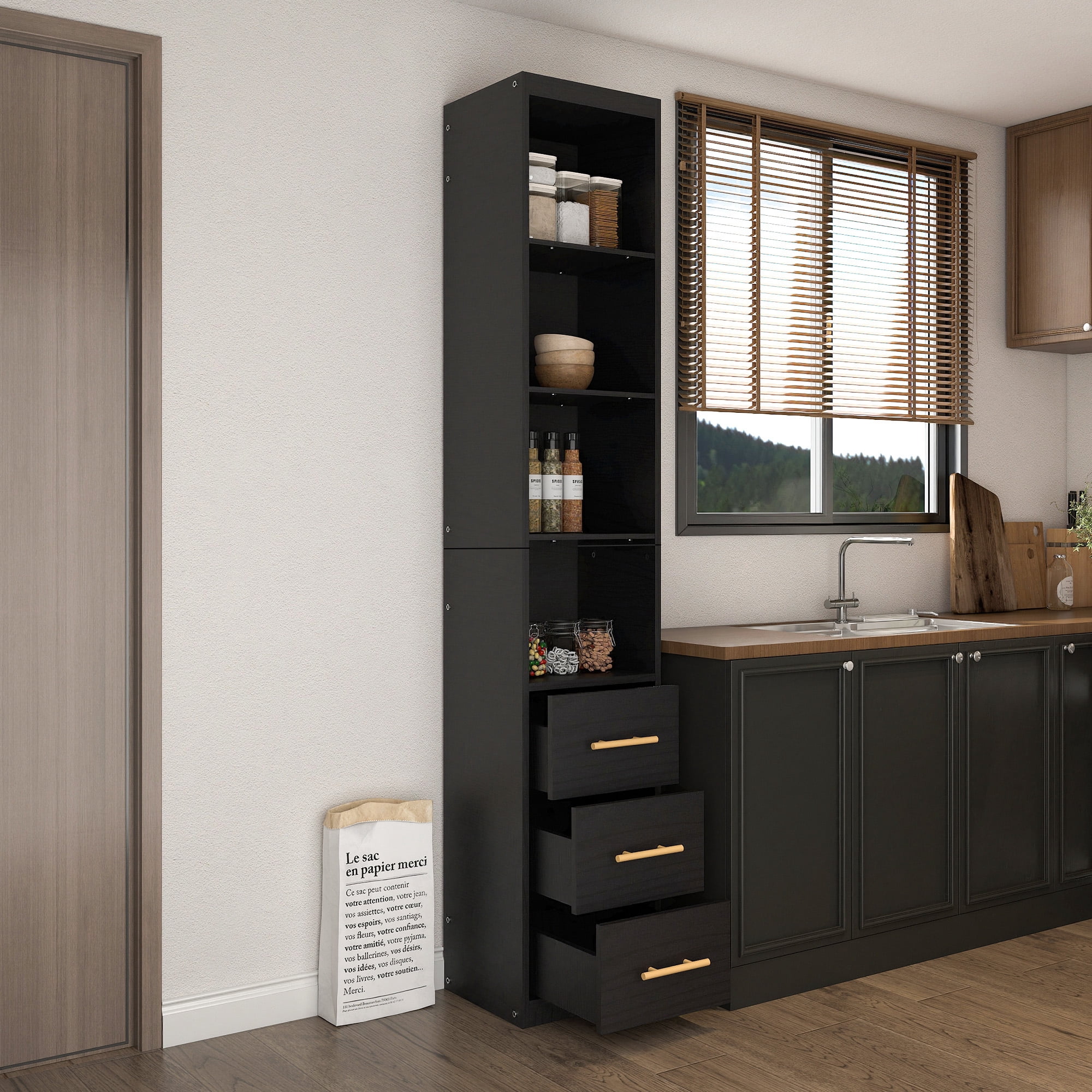 Mintazer 85" Narrow Tall Freestanding Storage Cabinet with 4‑Tier Open Shelves & 3 Drawers, Slim Floor Pantry Cabinet for Kitchen Bathroom Living Room Small Spaces, Black