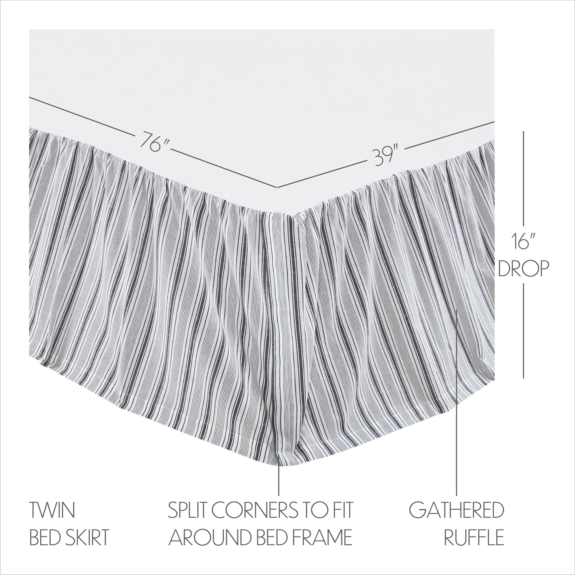 VHC Brands, Sawyer Mill Striped Twin Bed Skirt, Black, 39x76x16