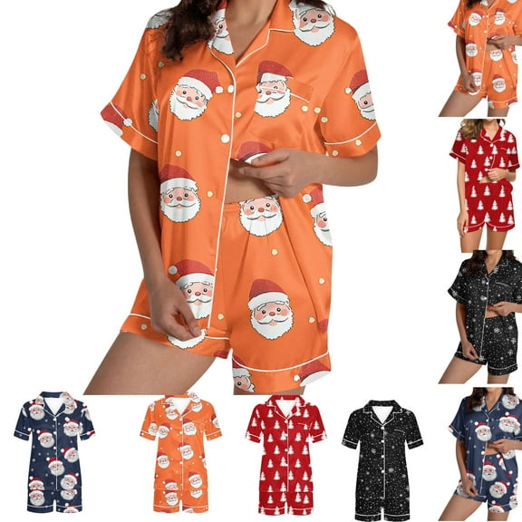 Gamivast Christmas Pjs Women Christmas Pajamas for Women Set Shorts Xmas Tree Short Sleeve Lapel Shirts and Elastic Waist Pant Button Down Comfy Loungewear 2 Piece Pj Sets