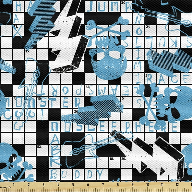Retro Fabric By The Yard Upholstery Crossword Puzzle Theme With Skulls Thunder Bolts Grunge Style Illustration Decorative Fabric For Diy And Home Accents 1 Yard Blue Black And White By Ambesonne