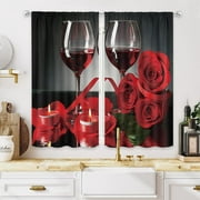 Red Rose and Wine Kitchen Curtains 27.5Wx 39H Rod Pocket Small Floral Drapes Flower Wine Decor for Women Cafe Love Print Window Drapes Fabric 2 Panels