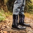 thumbnail image 3 of Men's Western Cowboy Boots, Square Toe Embroidered Mid-Calf Pull-On Boots, Durable Casual Riding Work Boots, Black/Brown Options, 3 of 6