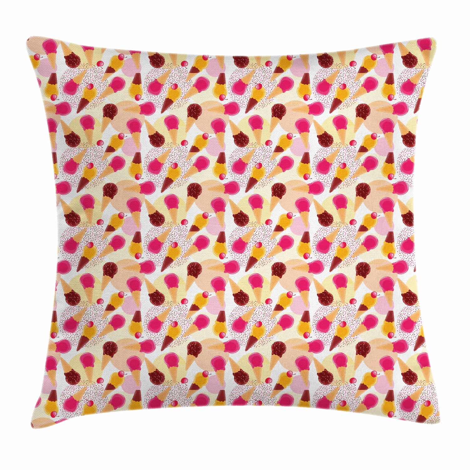 Ice Cream Throw Pillow Cushion Cover, Sweet Taste of Summer Theme Chocolate and Fruity Flavor