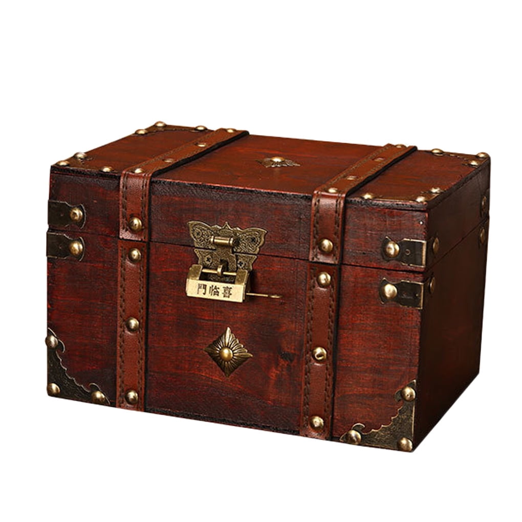 Clearance Rustic Wooden Box Clock Style Trunk Treasure Chest Vintage Storage 
