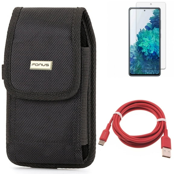 Screen Protector & Case Belt Clip & 6ft USB-C Cable for Samsung Galaxy S20 Fan Edition - Anti-Glare Tempered Glass   Rugged Holster   Red Charger Cord Combo