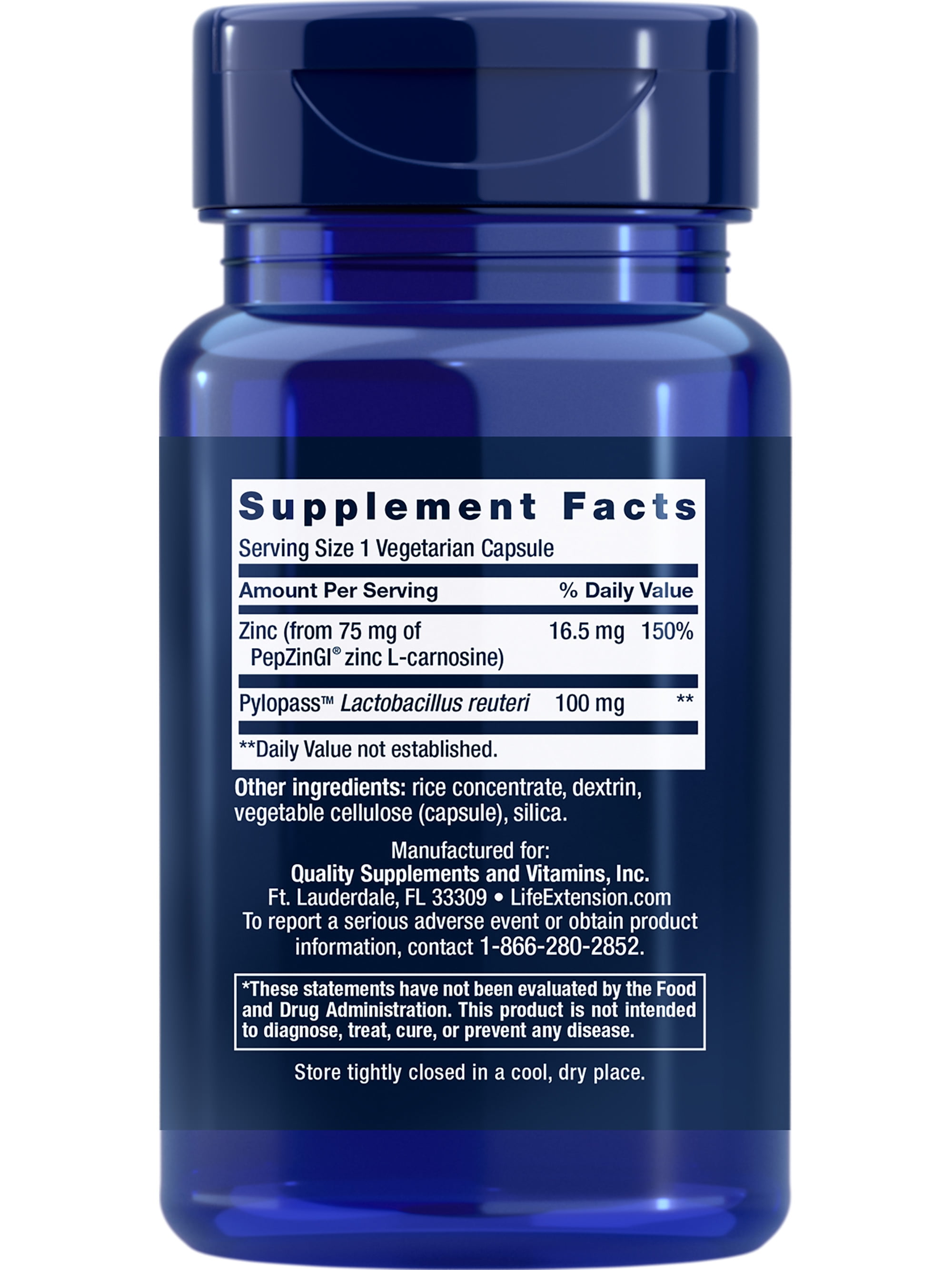 Life Extension Gastro-Ease™, zinc L-carnosine, Pylopass™ Lactobacillus reuteri probiotics, digestion supplement, gut health, stomach comfort, gluten-free, non-GMO, vegetarian, 60 capsules