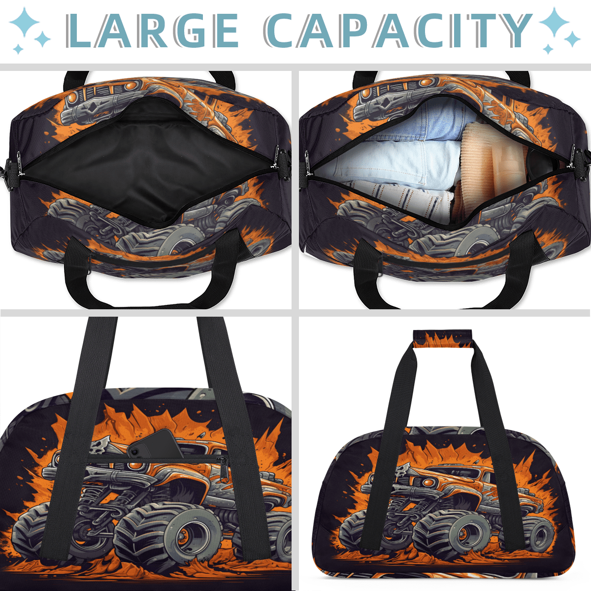 Herdesigns Monster Truck Sports Duffle Bag for Women & Men, Cartoon Car Gym Bag Dance Bag Overnight Bag Carry On Weekender Travel Bag