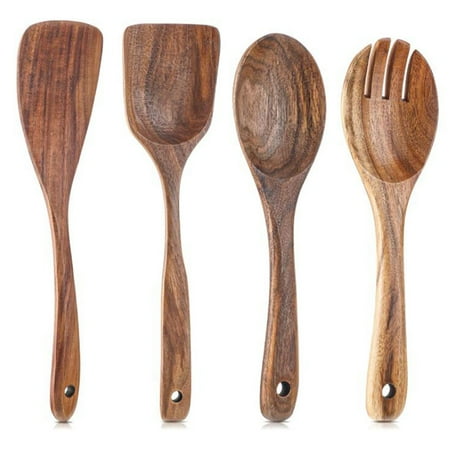 

4 Pieces Wooden Kitchen Utensils Set Non-Stick Wood Spoons for Cooking Spurtle Spatula Salad Spoon Fork Kitchen Cookware