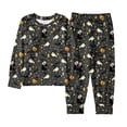 thumbnail image 3 of Child Girls Sleepwear Cartoon Halloween Pumpkin & Bat Pattern Long Sleeve Crewneck Pull-On Relaxed Fit 2Pc Autumn Winter Sleepovers Adorable Pjs,Black,7-8 Years, 3 of 4