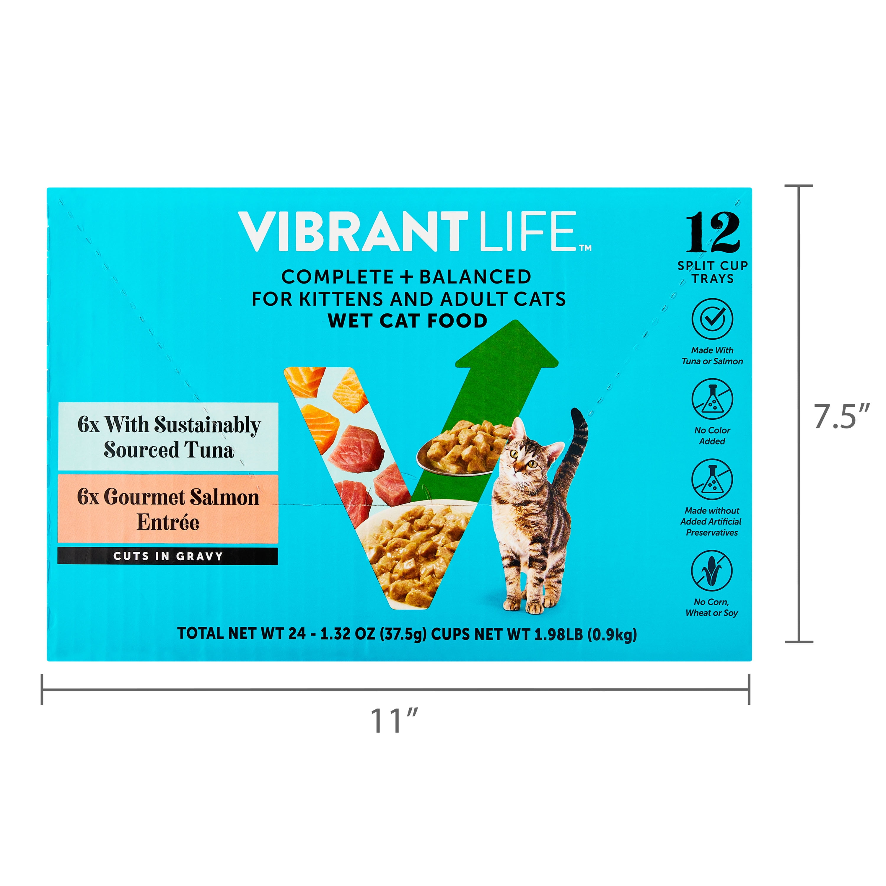 (2 pack) Vibrant Life Tuna & Salmon Cuts in Gravy Wet Cat Food, Complete + Balanced Variety Pack, 2.64 oz Split Trays, 12 Count