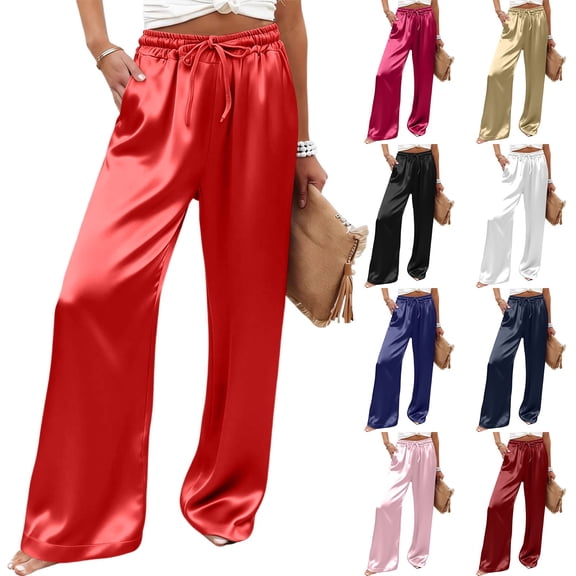 Delayuji Women's Satin Wide Leg Pants Fashion Casual Solid Color Elastic Waist Drawstring Pant Trousers Lightweight Palazzo Beach Vacation Clothes Work Wear Loungewear