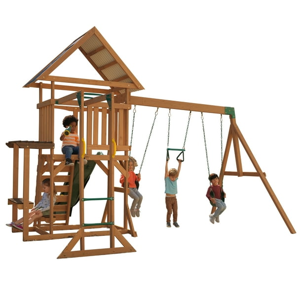 KidKraft Modern Outdoor Wooden Swing Set Playset With Fireman's Pole